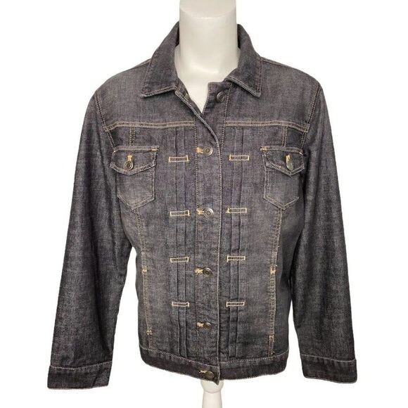 Chicos Platinum Dark Wash Denim‎ Jean Jacket Pleated Sz 2 Large 12 - Picture 1 of 8